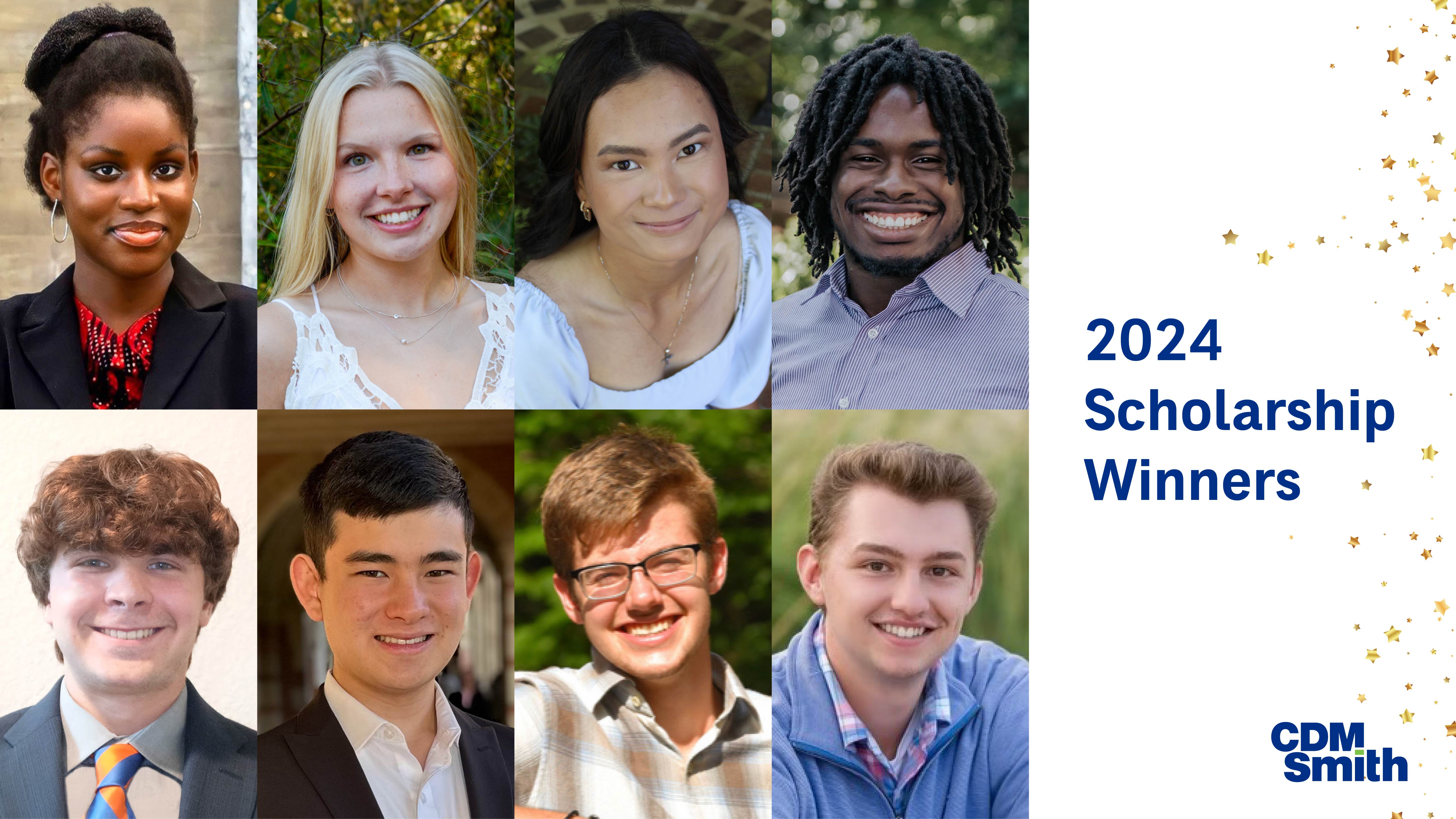 Collage of eight individuals with "2024 Scholarship Winners" text and CDM Smith logo.