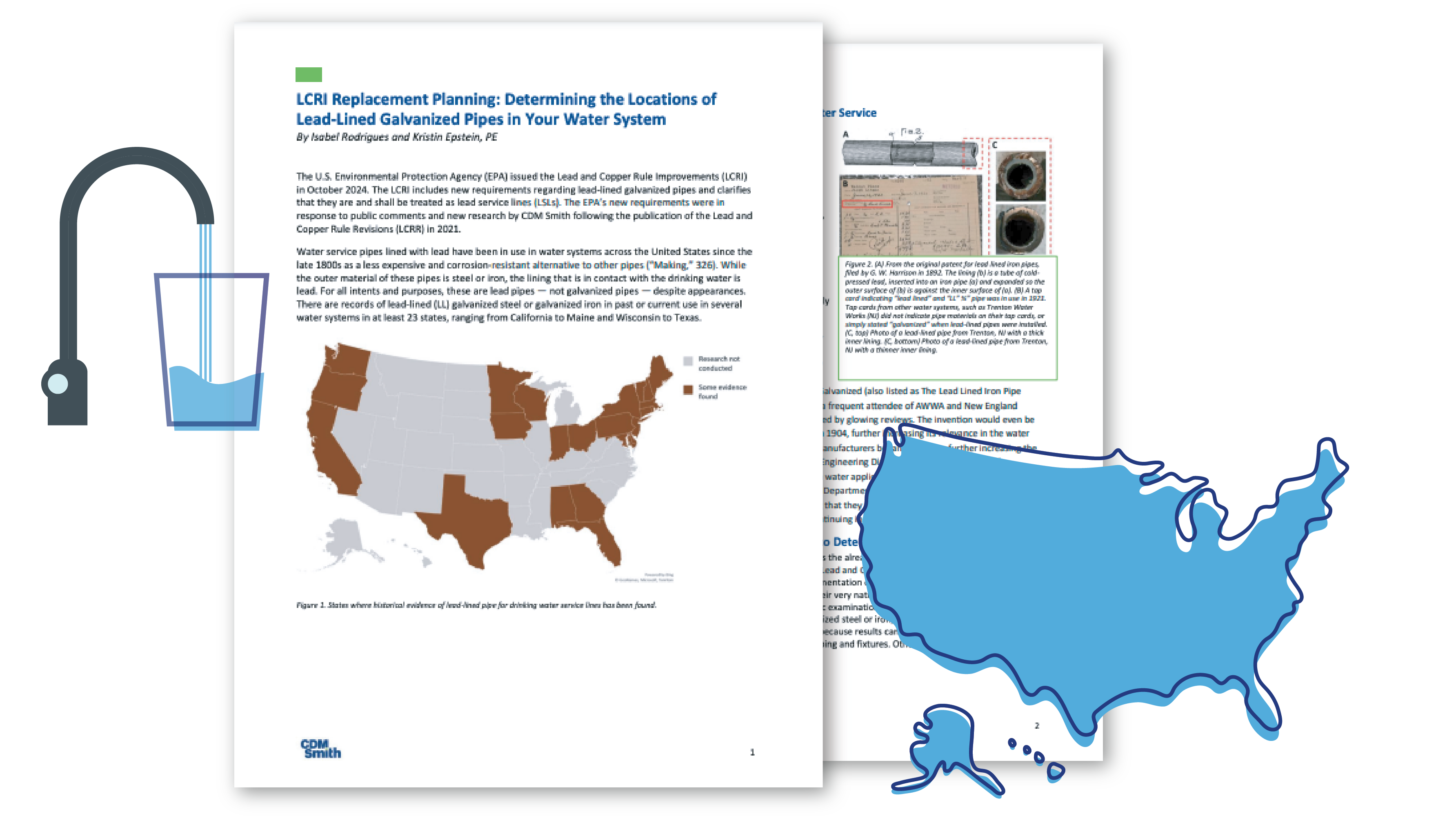 Document titled "LCRI Replacement Planning" with U.S. map showing states with lead-lined pipes evidence.