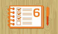 Illustrated checklist with four checkboxes and the number 6 on a spiral notebook with a pen beside it.
