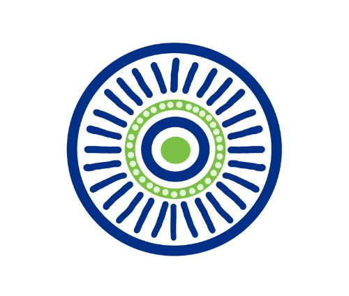 Circular design with radial blue lines and green inner accents forming a patterned motif.