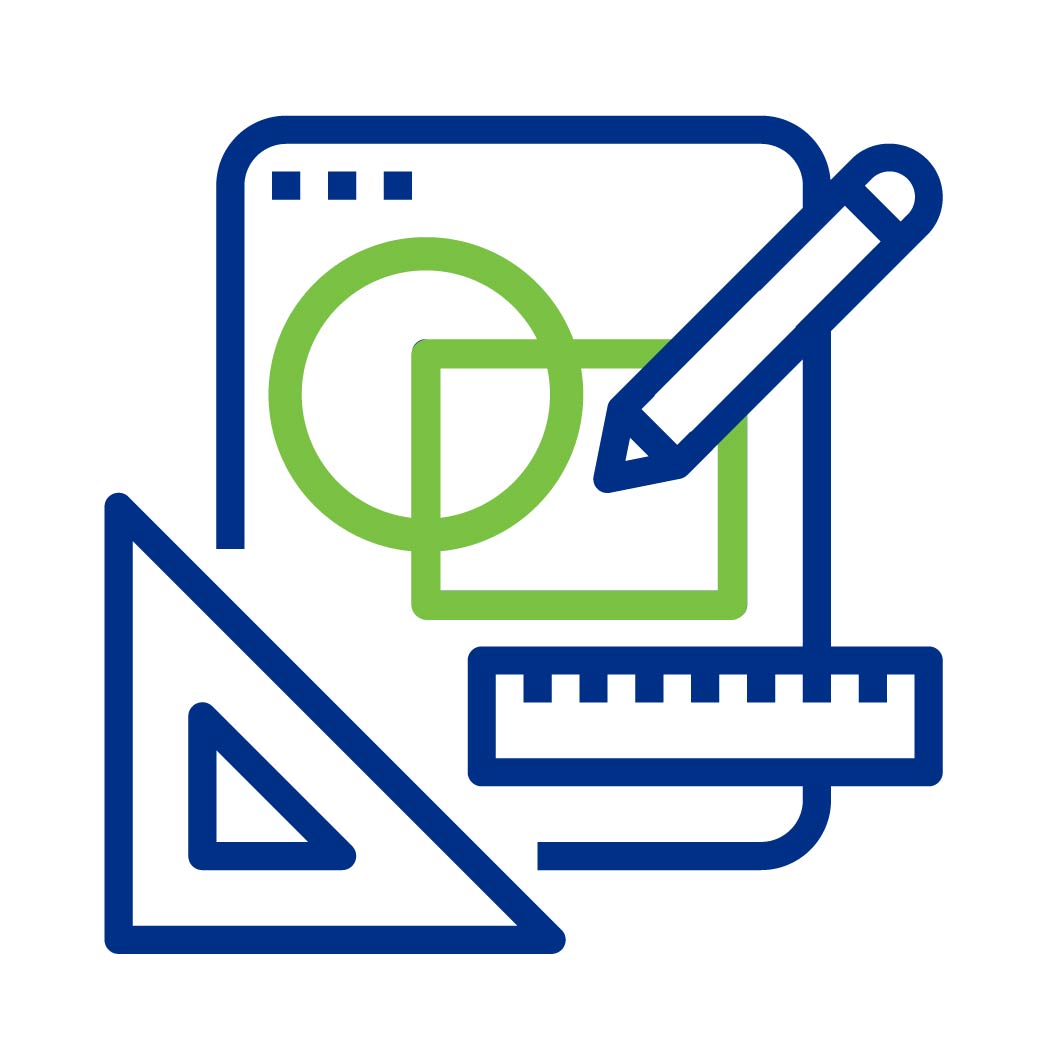 Icon with pencil, ruler, protractor, and geometric shapes.