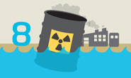 Illustration of a radioactive barrel tipping into water, with factories in the background and a large number 8.