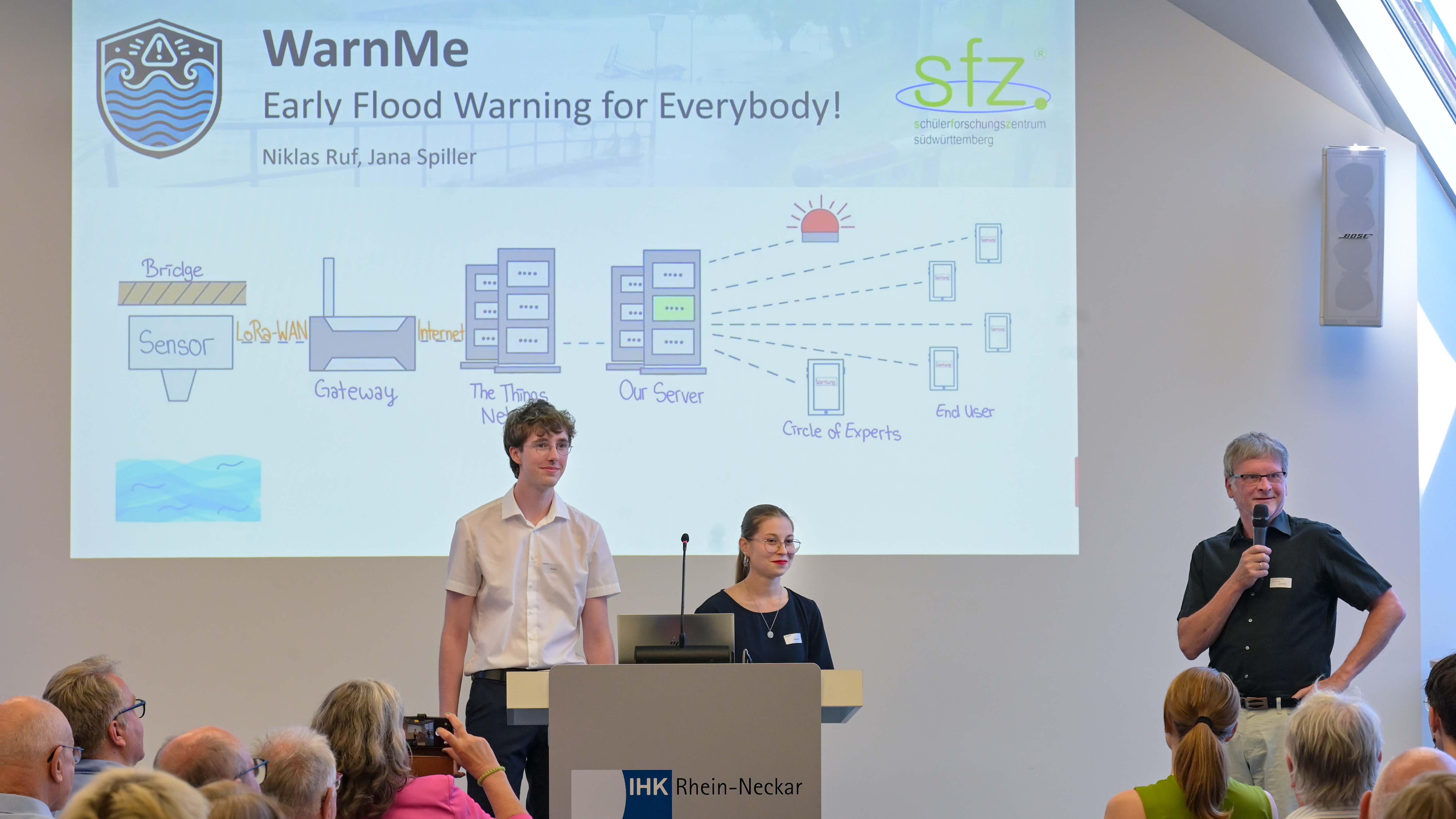 Three speakers stand in front of a screen with a presentation titled 'WarnMe: Early Flood Warning for Everybody!' and a diagram shown.