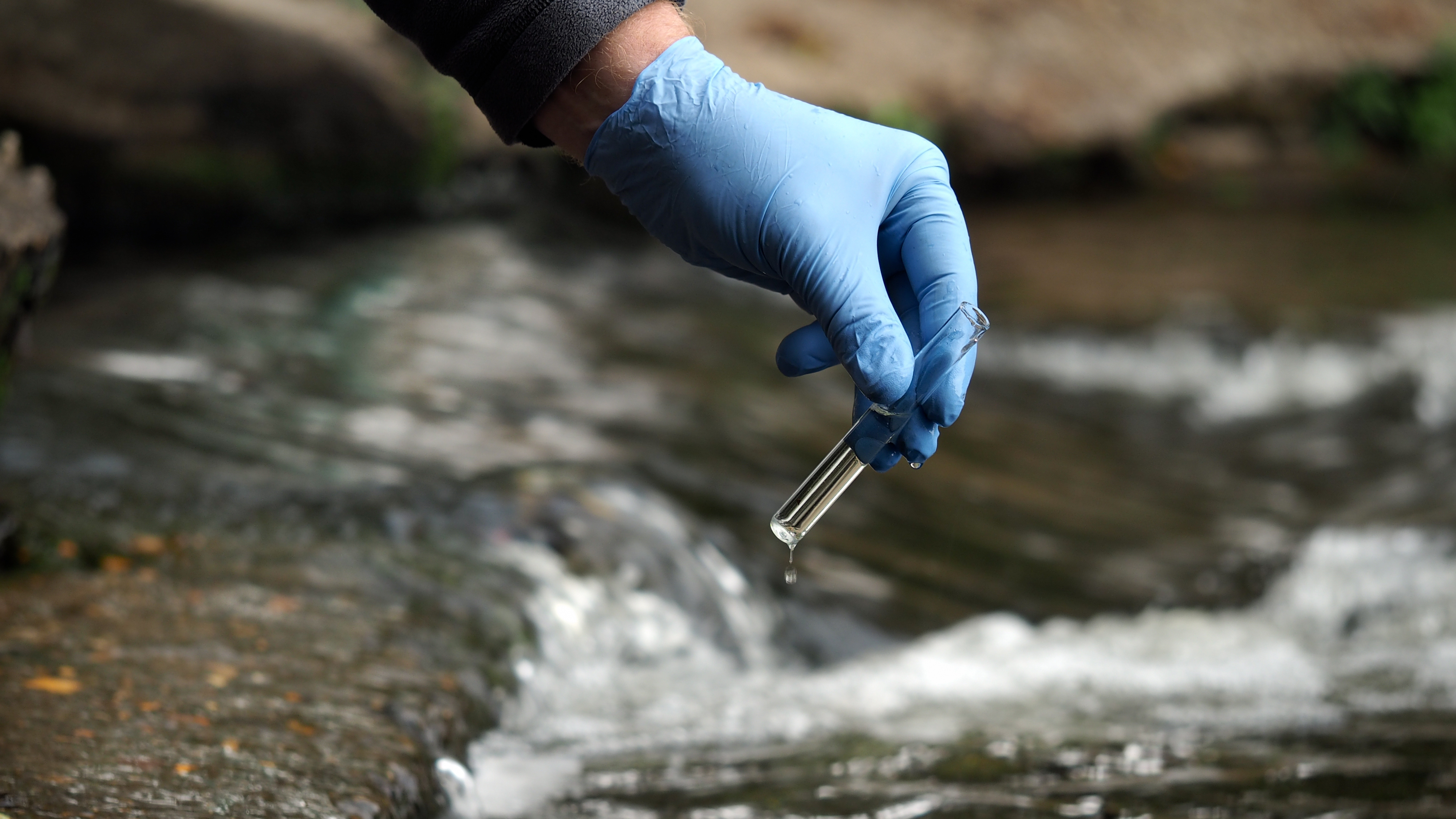 Gloved hand holding test tube near a stream for water sampling.
