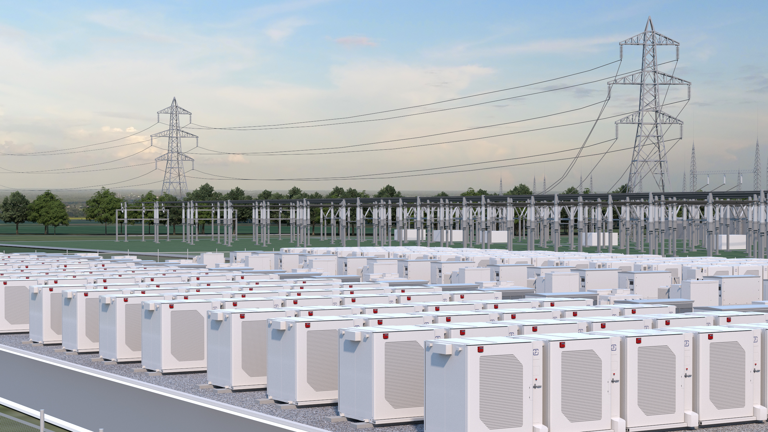 Battery storage facility with rows of white units, surrounded by power lines and towers under a blue sky.
