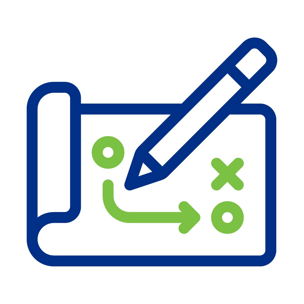 Icon of a pencil planning strategy on a map with arrows and symbols.