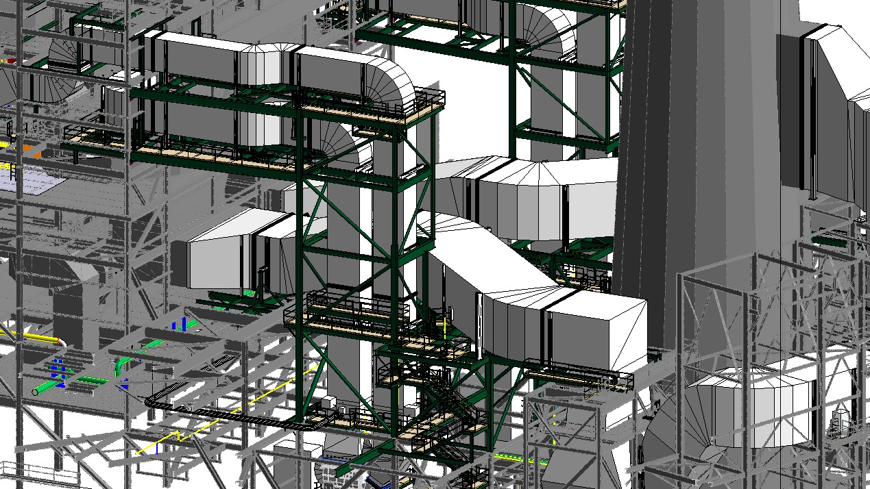 3D model of an industrial structure with ducts and support frames.