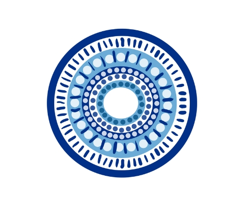 A circular design featuring concentric rings with patterns of dots and lines in blue shades.
