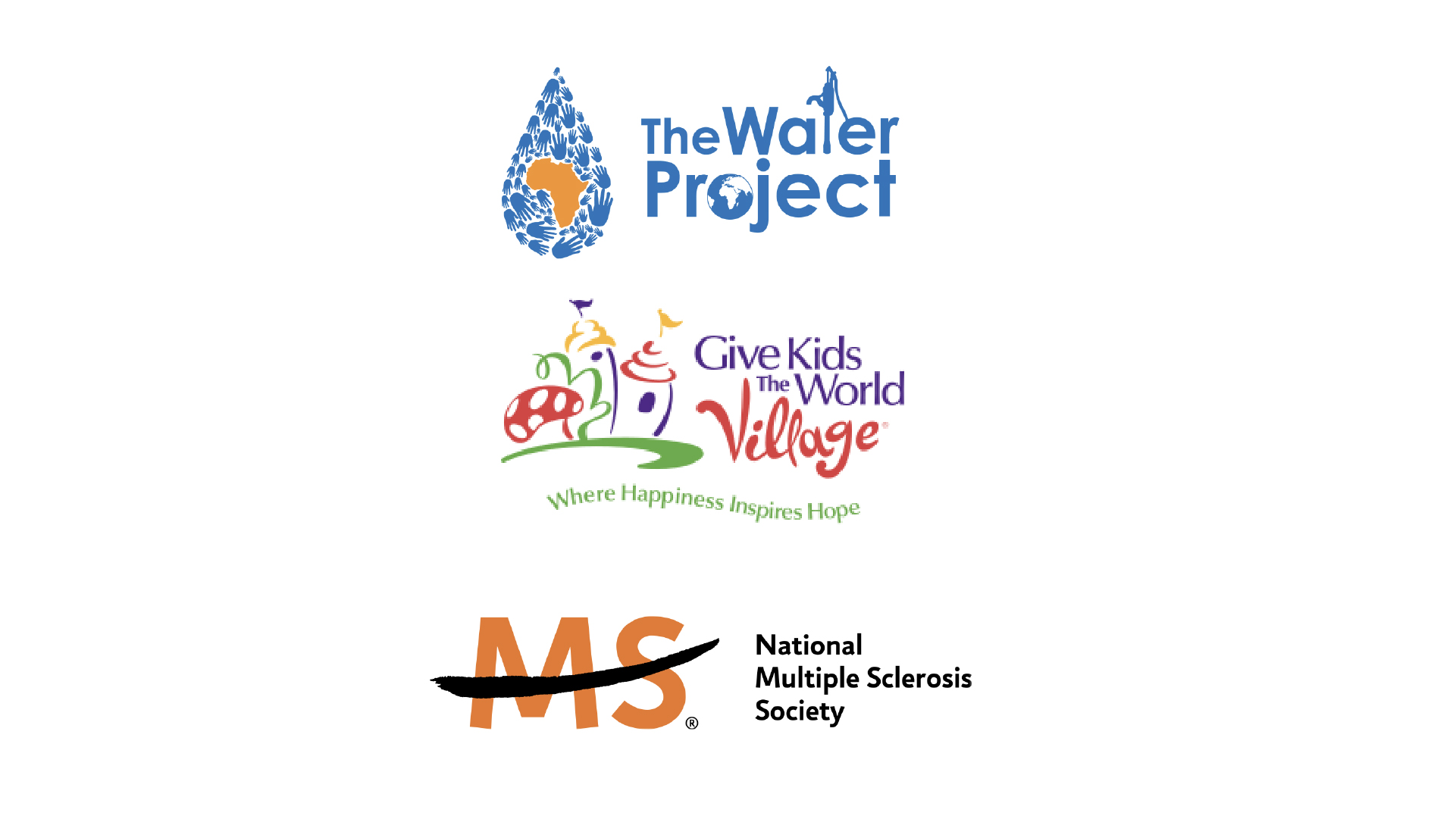 Logos of three organizations: The Water Project (stylized water droplet), Give Kids The World Village, and National Multiple Sclerosis Society.