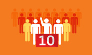 Illustration of a group with a prominent figure raising hand, number 10 in red box below, on orange background.