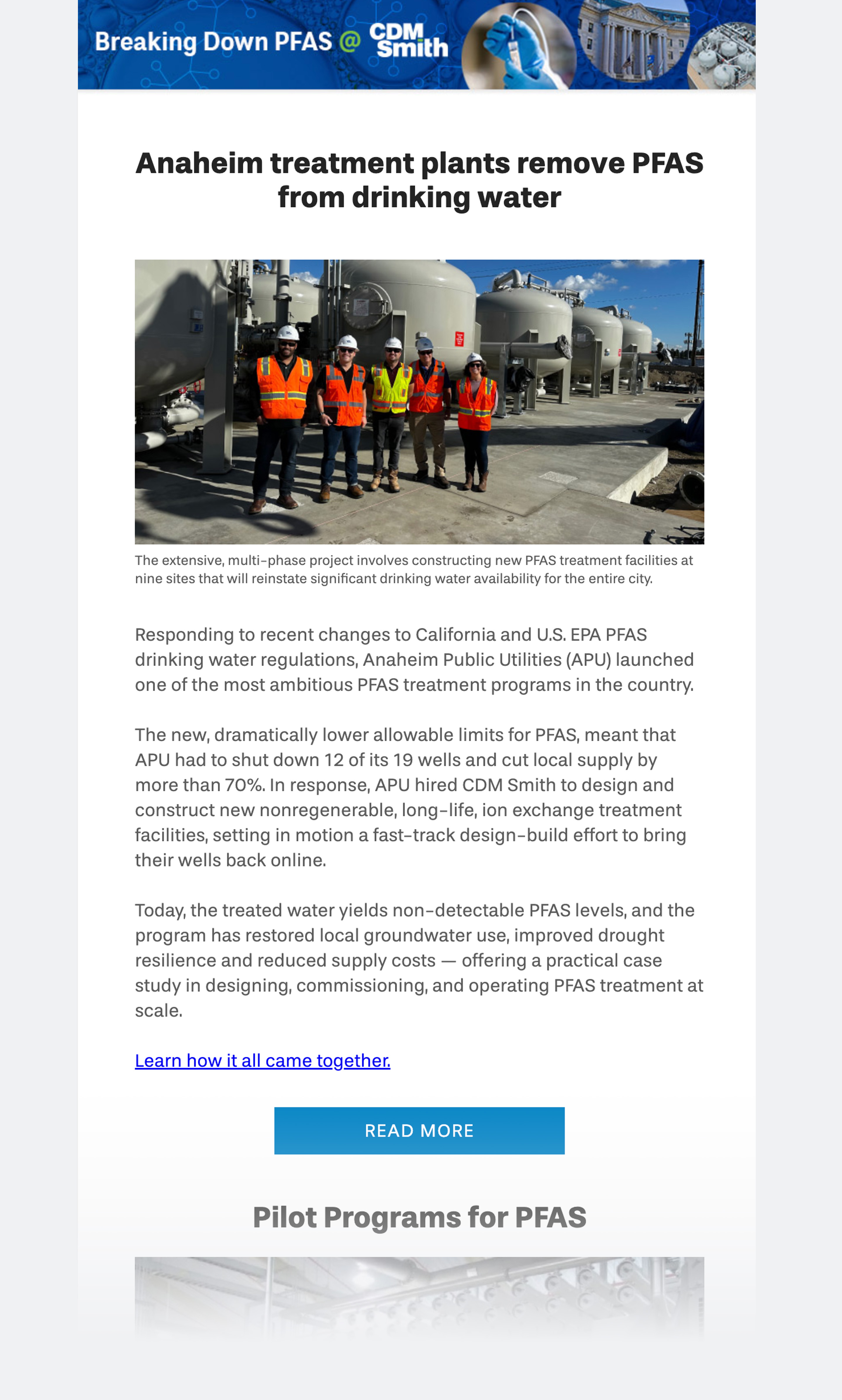 Newsletter about PFAS treatment programs in Anaheim with images of treatment facilities and pilot programs.