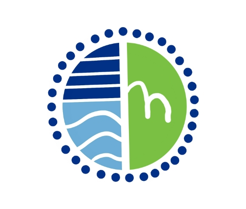 Circular logo divided in half; left blue side with wave-like and striped patterns, right green side with abstract white shape.