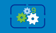 Colored gears and arrows on blue background with the number 9.