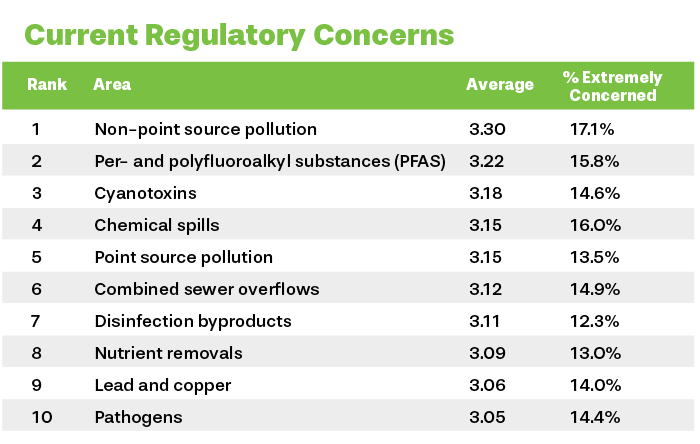 Table of top 10 regulatory concerns with ranks, areas, averages, and percent extremely concerned.