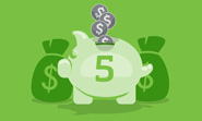 Illustration of a piggy bank labeled with 5, surrounded by money bags and coins.