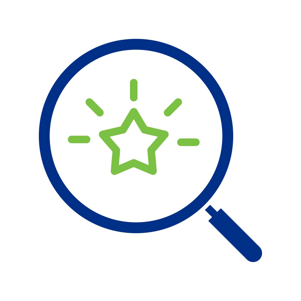 Magnifying glass with a star and lines inside, symbolizing identification.