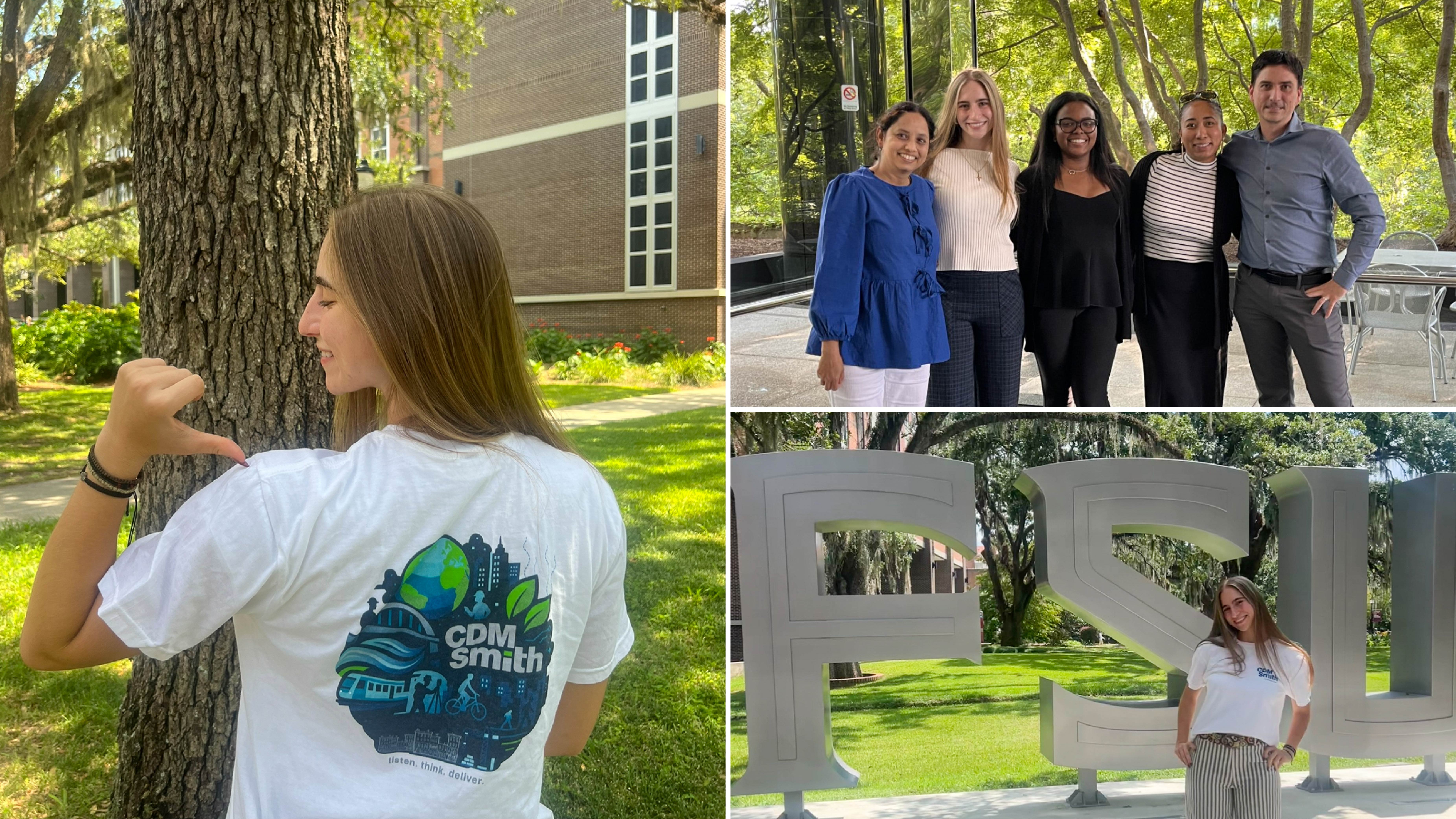 Three images: person points to CDM Smith logo on back of T-shirt, five people standing together outdoors, person poses by large FSU letters.