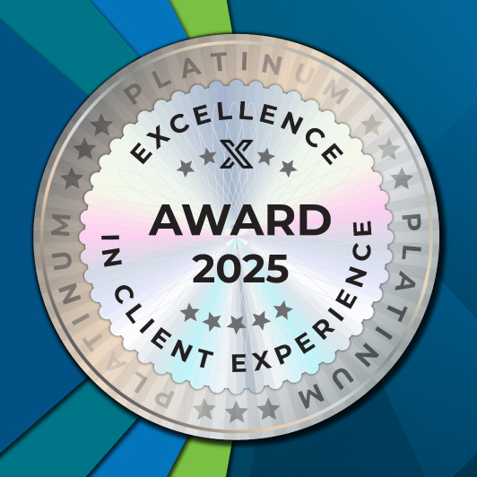 "Award 2025: Excellence in Client Experience, Platinum, CDM Smith logo on blue geometric background."