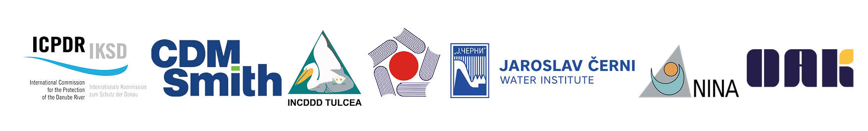 A row of organizational logos, including ICPDR, CDM Smith, INCDDD Tulcea, Jaroslav Černi Water Institute, NINA, and OAK.