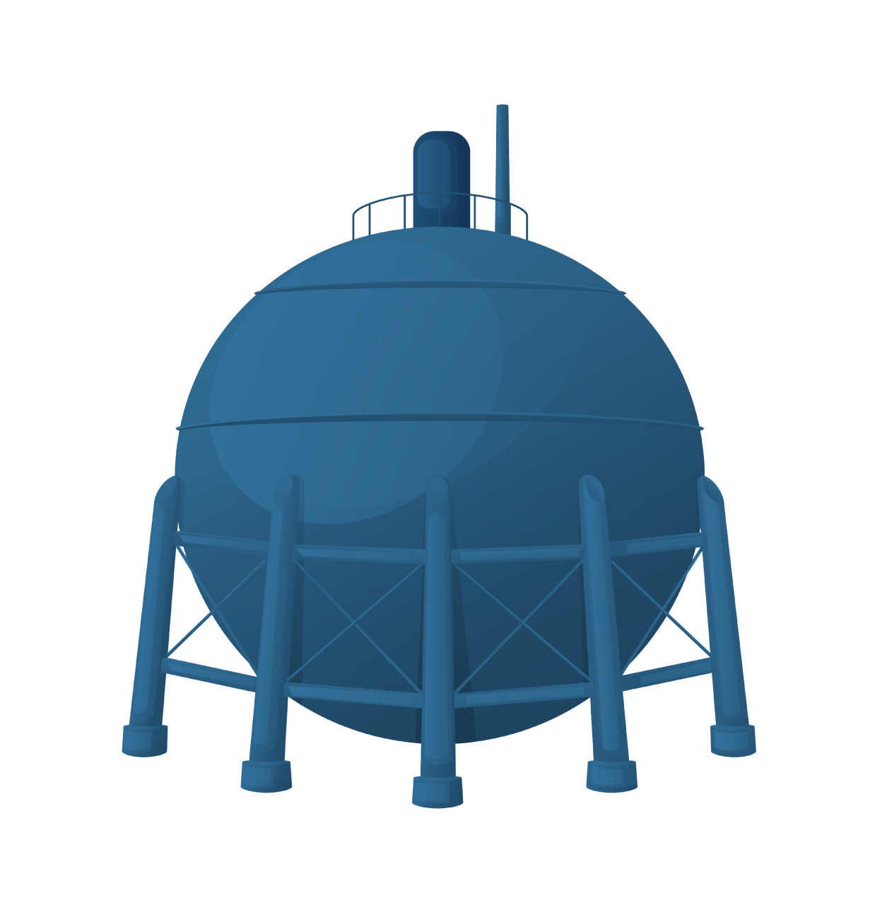 Illustration of a large spherical blue hydrogen tank with supporting legs.