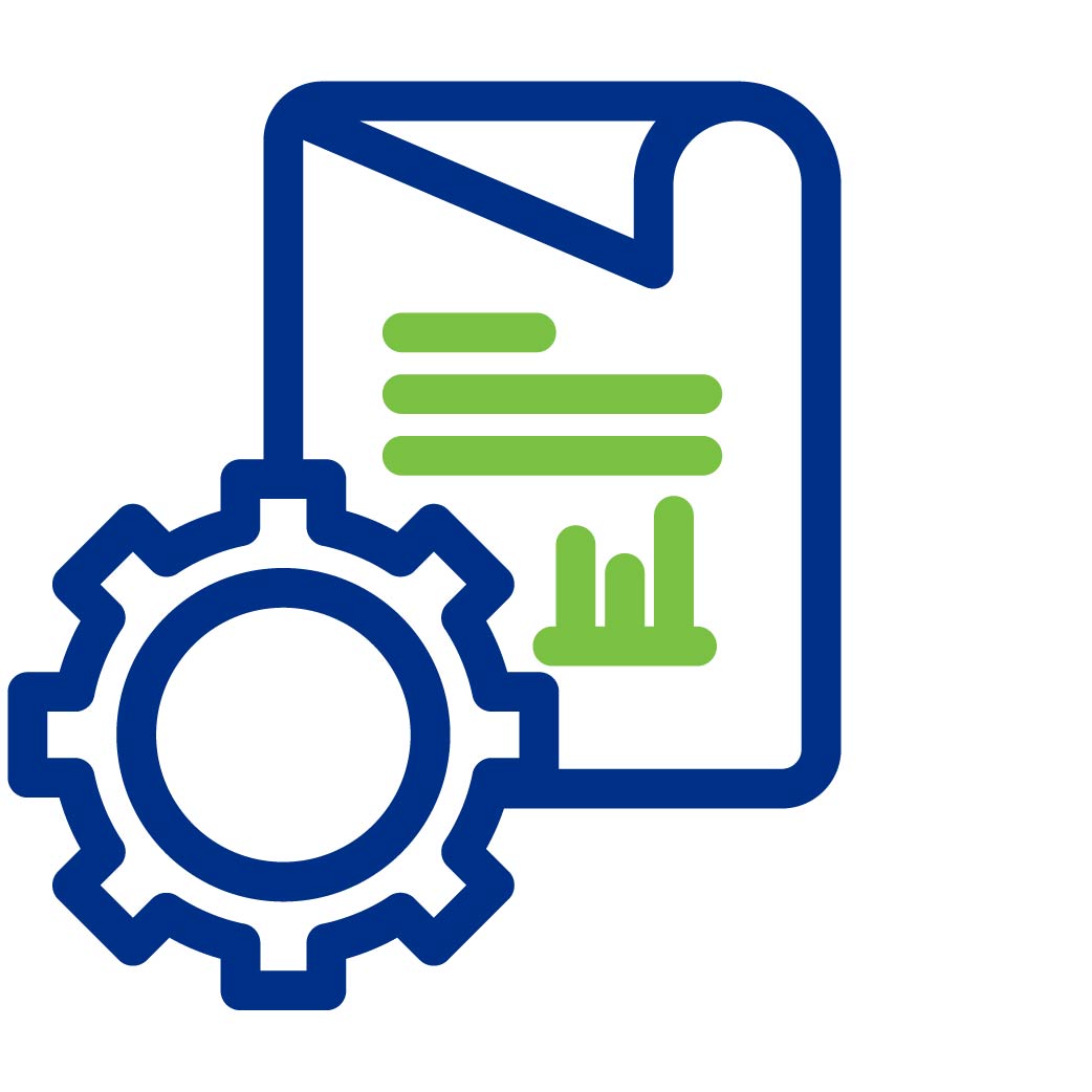 Icon of a document with graphs and gear, symbolizing analysis.