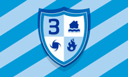 Shield with number 3, house, water wave, cyclone, and fire icons on blue striped background.
