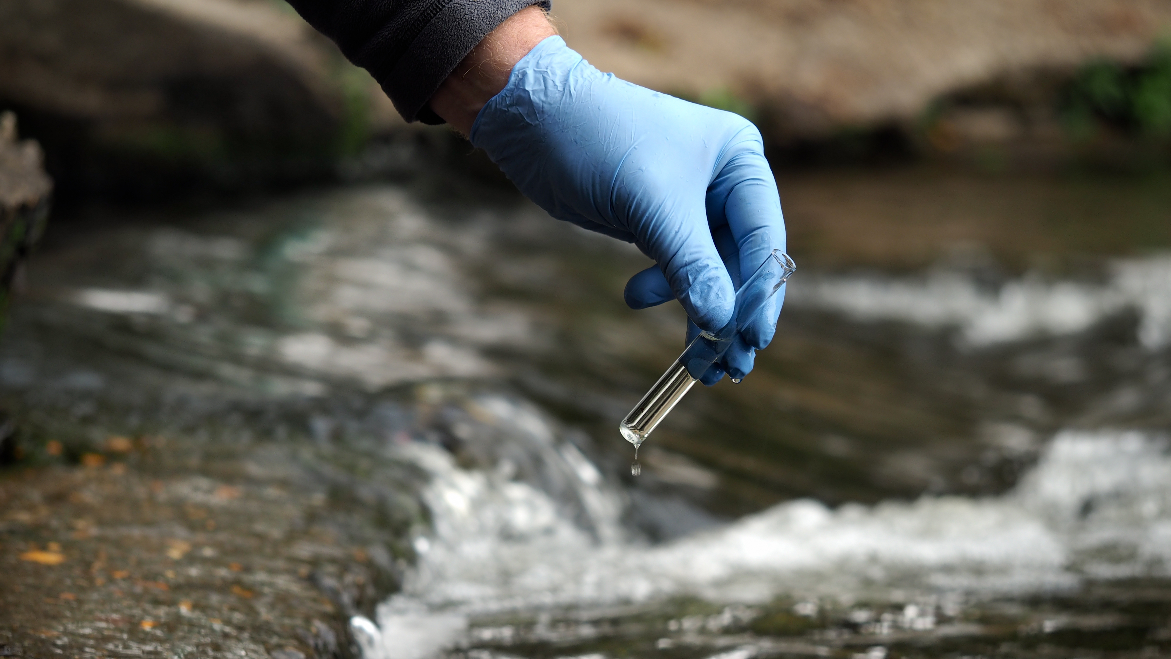 Gloved hand holding test tube near a stream for water sampling.