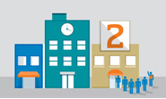 Illustration of three buildings; the middle has a large '2' and people gathered outside.