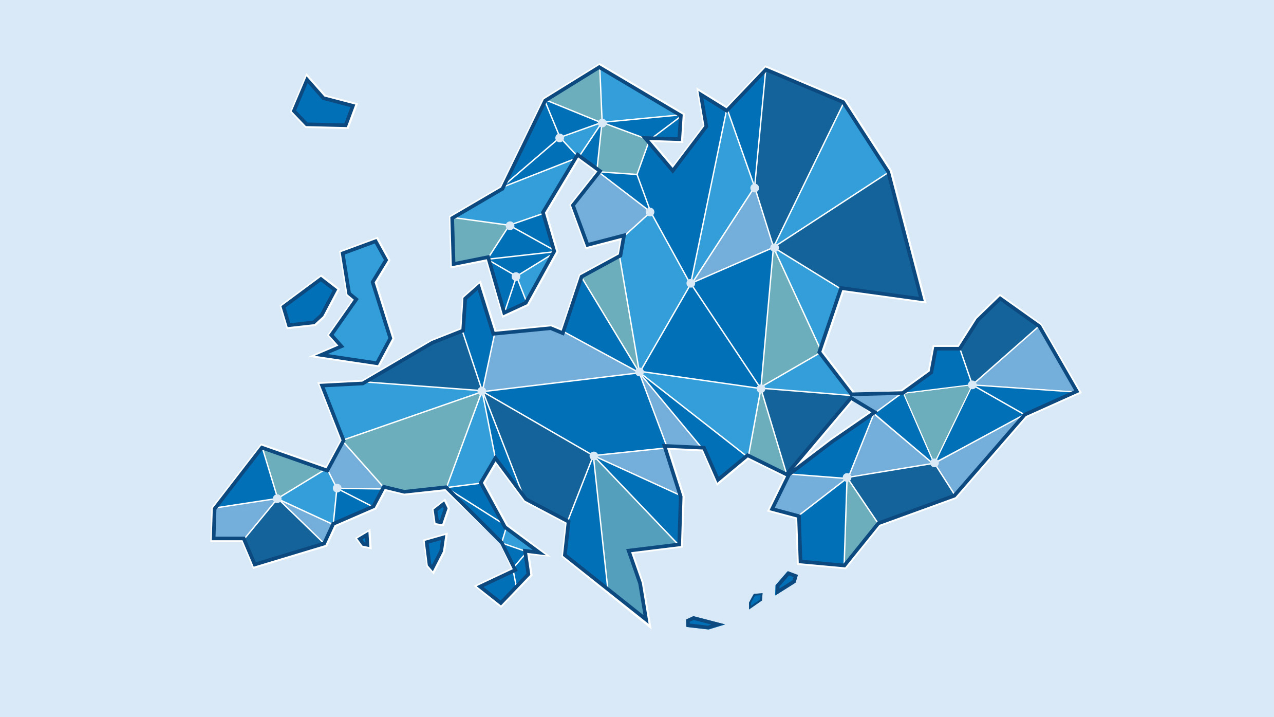 Geometric map of Europe in blue triangular shapes on a pale background.
