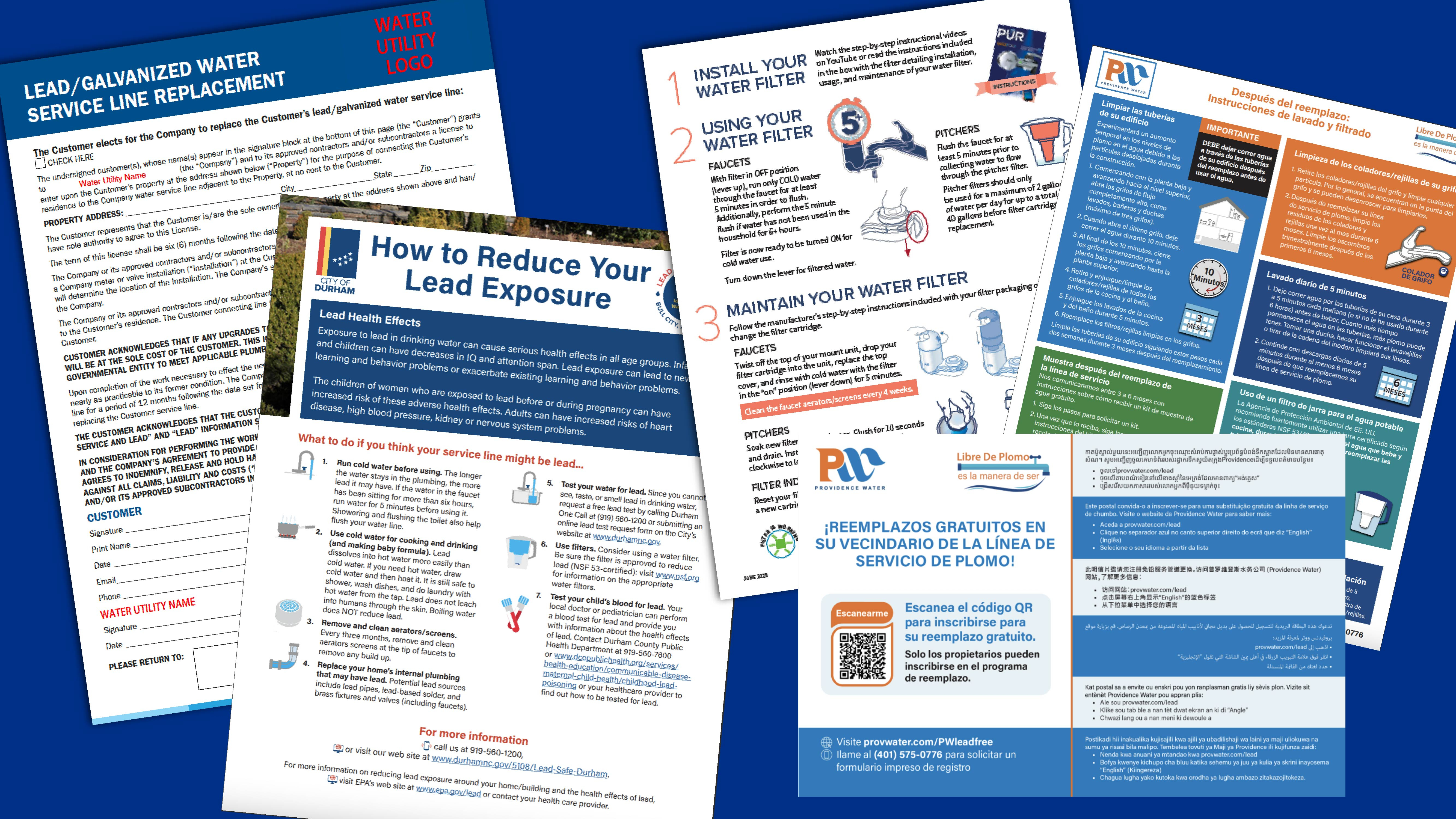 Collection of informational brochures on lead exposure reduction, water filter use, and free service line replacement programs.