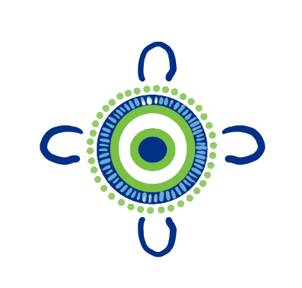A circular design with concentric blue and green circles surrounded by dot patterns and curved blue shapes extending outward.